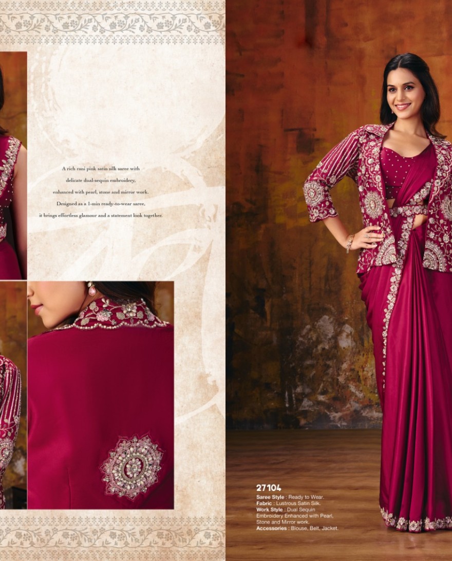 27104-A - Rani Pink Embroidered Wedding Party Designer Saree